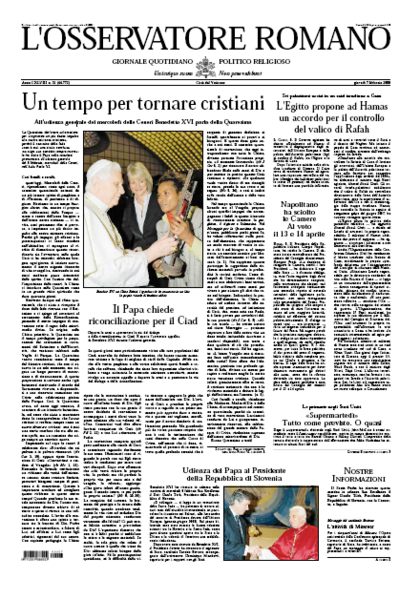 Первая страница номера L'Osservatore Romano от·7·февраля·2008 на·итальянском языке